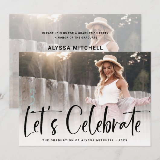 Invitation Noir de script décontracté | Deux Fête de Diplôme (Devant / Derrière)