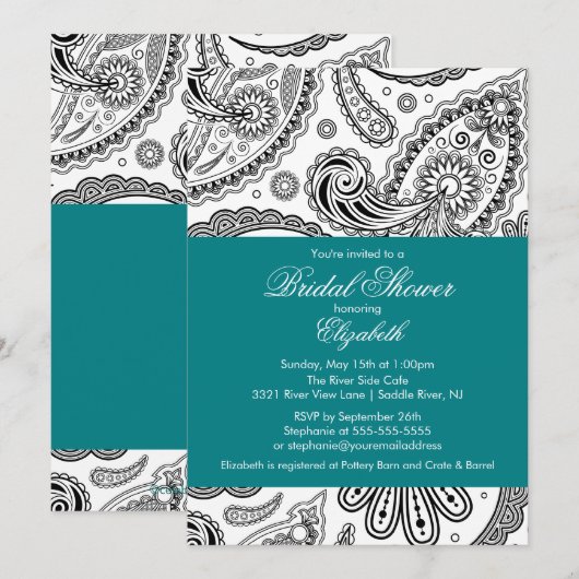 Invitation Noir de Teal d'invitation de Fête de la mariée de (Devant / Derrière)