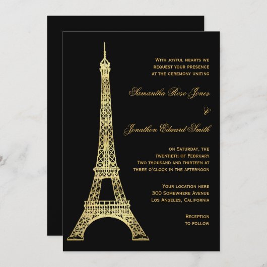 Invitation Noir de Tour Eiffel et mariage parisiens d'or (Devant / Derrière)