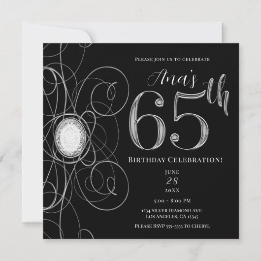 Invitation Noir & Diamant Argent 65 Fête d'anniversaire 65 an (Devant)