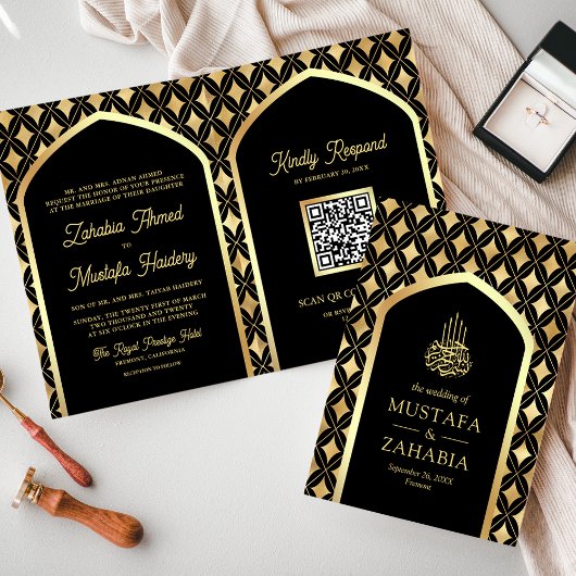 Invitation Noir Diamants d'Or Arch Code QR Mariage Musulman