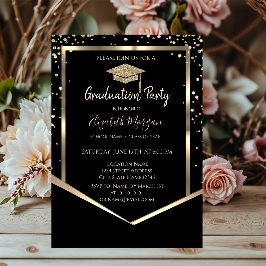 Invitation Noir, Diamants Gold Graduation Cap Graduation