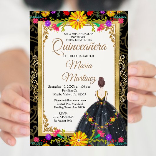 Invitation Noir d'or avec fleurs mexicaines Quinceañera