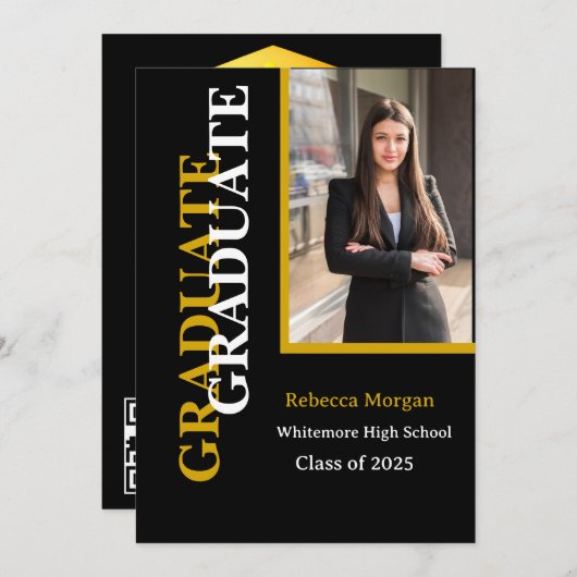 Invitation Noir d'or moderne 2025 Qr code Photo Graduation (Devant / Derrière)
