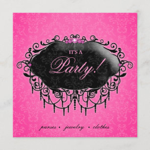 Invitation Noir élégant de rose de damassé de partie de mode