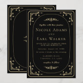 Invitation Noir Elegant Deco Gold Retro Mariage (Devant / Derrière)