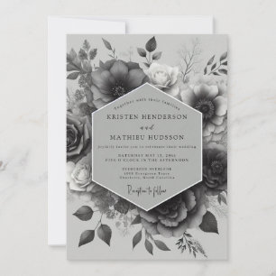 Invitation Noir Élégant Fleur Mariage