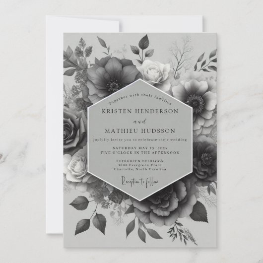 Invitation Noir Élégant Fleur Mariage (Devant)