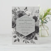 Invitation Noir Élégant Fleur Mariage (Debout devant)