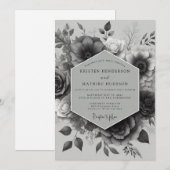 Invitation Noir Élégant Fleur Mariage (Devant / Derrière)