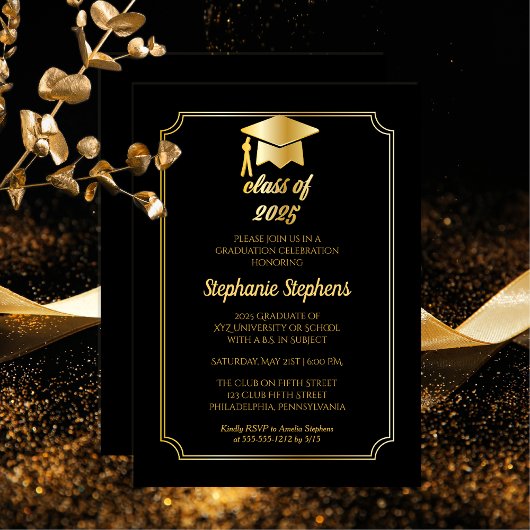 Invitation Noir élégant | Gold Casquette College Graduation P