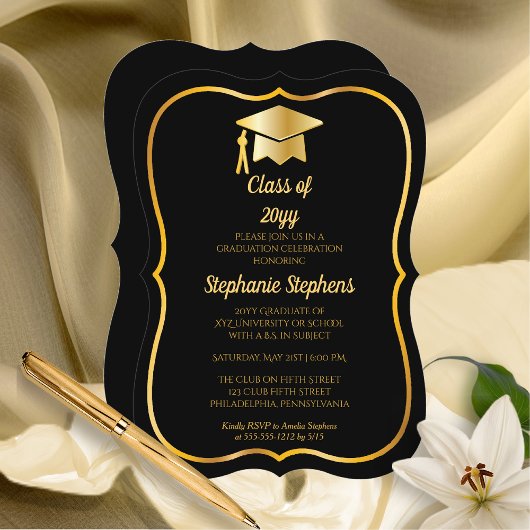 Invitation Noir élégant | Gold Casquette Graduation Party