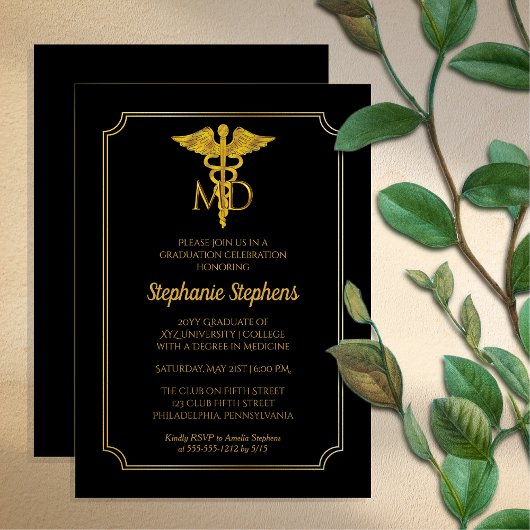 Invitation Noir élégant | Gold MD Physician Graduation Party