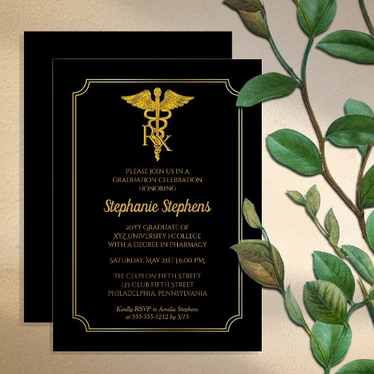 Invitation Noir élégant | Gold Rx Pharmacy Graduation Party