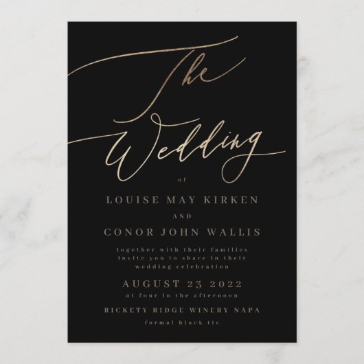 Invitation Noir Élégant Or Simple | Rsvp sur le Mariage arriè (Devant)