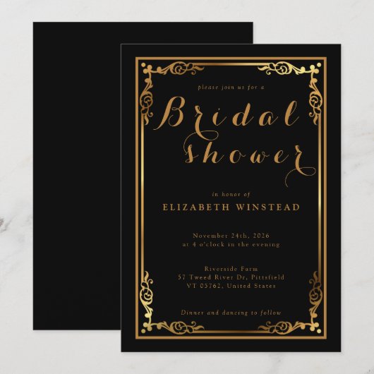 Invitation noir élégant pour une douche de luxe nu (Devant / Derrière)