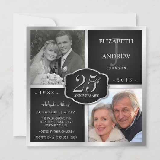 Invitation Noir et Argent 25e Anniversaire de Mariage (Devant)