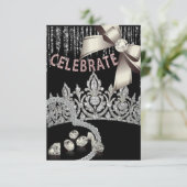 Invitation Noir et argent avec diamants de couronne rose pour (Debout devant)