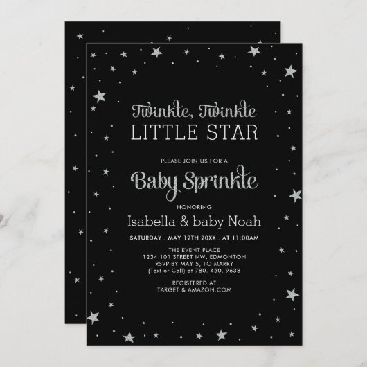 Invitation Noir et argent | Baby shower Twinkle Little Star (Devant / Derrière)