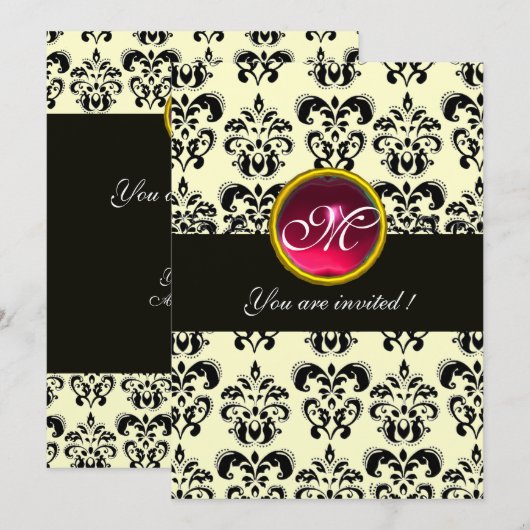 Invitation NOIR ET ARGENT DAMASK MONOGRAM, rouge rubis blanc (Devant / Derrière)