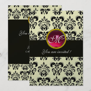 Invitation NOIR ET ARGENT DAMASK MONOGRAM, rouge rubis blanc