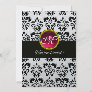Invitation NOIR ET ARGENT DAMASK MONOGRAM, rouge rubis blanc