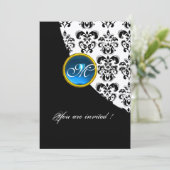 Invitation NOIR ET ARGENT DAMASK MONOGRAM, saphir bleu (Debout devant)