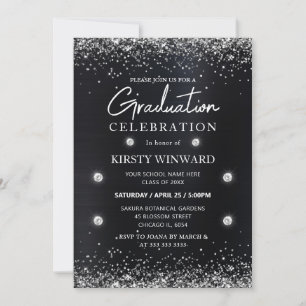 Invitation Noir et Argent Métallisé Paillettes Diplômé