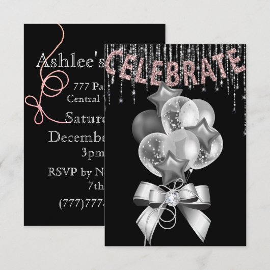 Invitation Noir et argent rose avec Balloons girl Party (Devant / Derrière)
