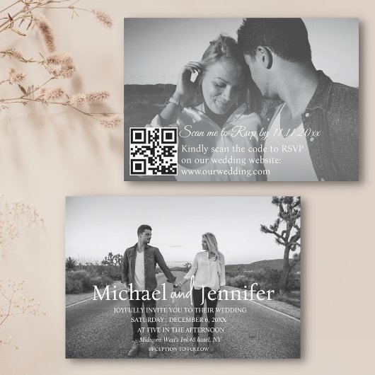 Invitation noir et blanc 2 photos qr code rsvp mariage