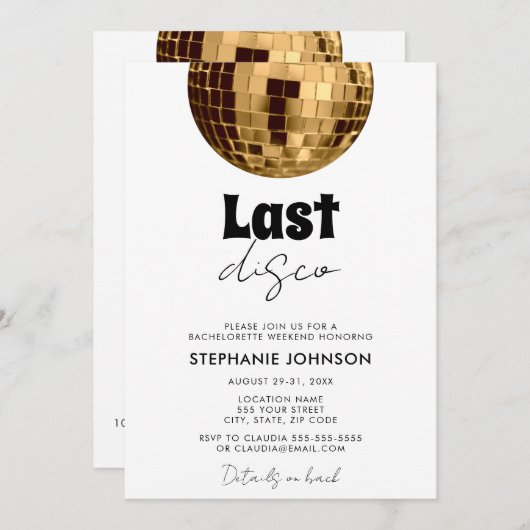 Invitation Noir et blanc avec Dernier or Disco Bachelorette (Devant / Derrière)