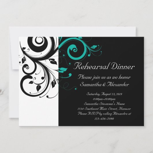 Invitation Noir et blanc avec Turquoise rotation inverse (Devant)