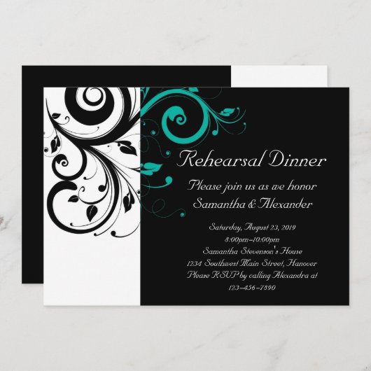 Invitation Noir et blanc avec Turquoise rotation inverse (Devant / Derrière)