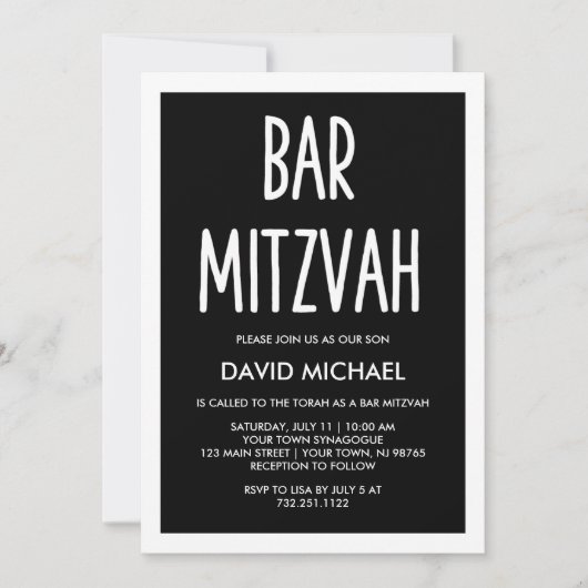Invitation Noir et blanc| Bar de typographie moderne Mitzvah (Devant)