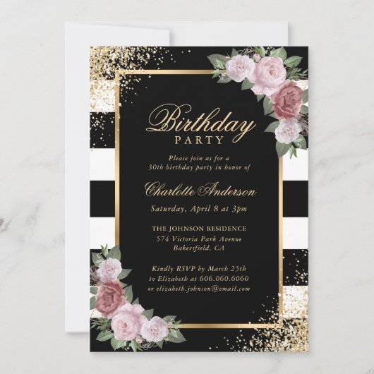 Invitation Noir et blanc Blush Floral Anniversaire (Devant)