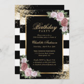 Invitation Noir et blanc Blush Floral Anniversaire (Devant / Derrière)