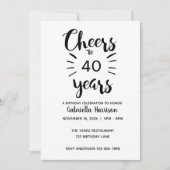 Invitation Noir et blanc Cheers à 40e anniversaire (Devant)