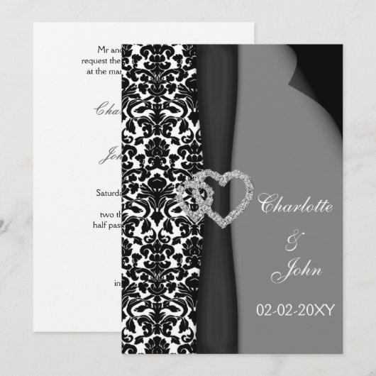 Invitation Noir et blanc Damas FAUX ruban diamant design (Devant / Derrière)