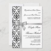 Invitation Noir et blanc Damas Faux Silver Ribbon Mariage (Devant)