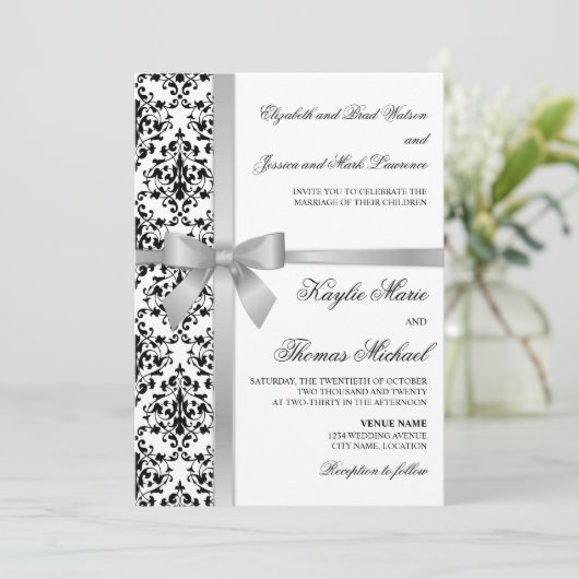 Invitation Noir et blanc Damas Faux Silver Ribbon Mariage (Debout devant)