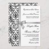 Invitation Noir et blanc Damas Faux Silver Ribbon Mariage (Devant / Derrière)