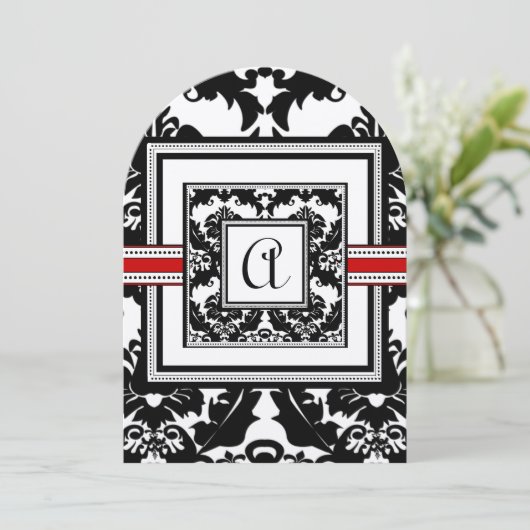 Invitation Noir et blanc Damas rouge Triage Monogramme Mariag (Debout devant)