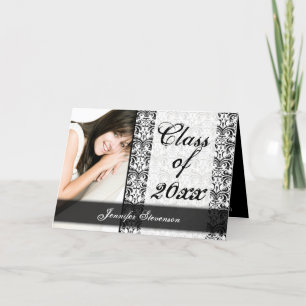 Invitation Noir et blanc Damask Chic Graduation Annoncée