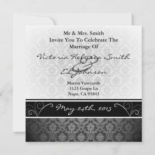 Invitation noir et blanc de mariage damassé (Devant)