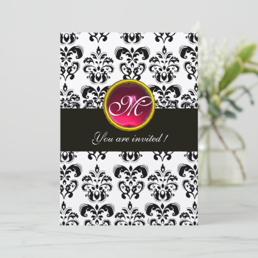 Invitation NOIR ET BLANC DOMMASK MONOGRAM, rubis rouge, fuchs (Debout devant)