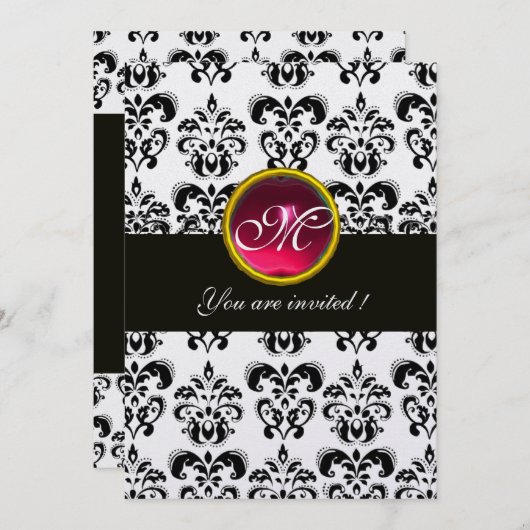 Invitation NOIR ET BLANC DOMMASK MONOGRAM, rubis rouge, fuchs (Devant / Derrière)
