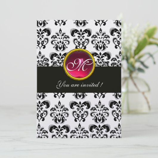 Invitation NOIR ET BLANC DOMMASK MONOGRAM, rubis rouge, fuchs (Debout devant)