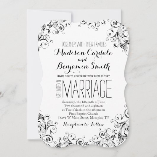 Invitation Noir et Blanc Elégant Mariage Flourish Invite (Devant)