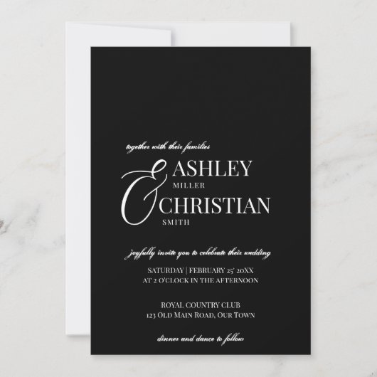 Invitation Noir et blanc élégant simple tout en un mariage (Devant)