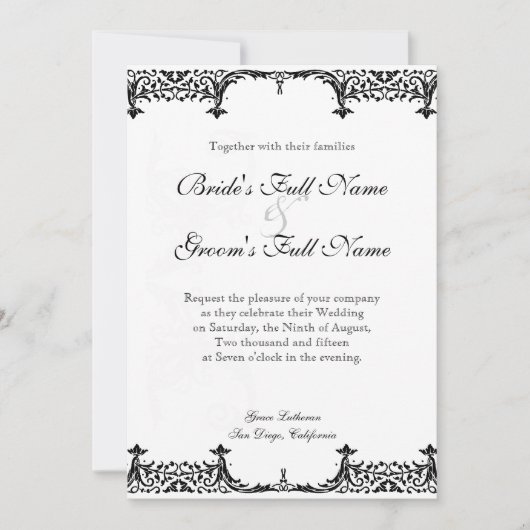 Invitation Noir et blanc Fleur de Lis Mariage damassé (Devant)